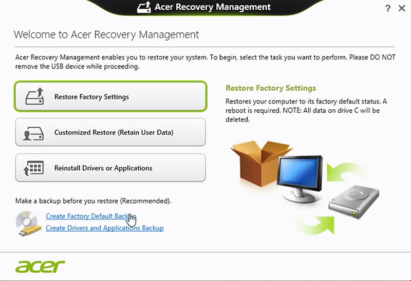 Restaurar para as configurações de fábrica Acer Recovery Management