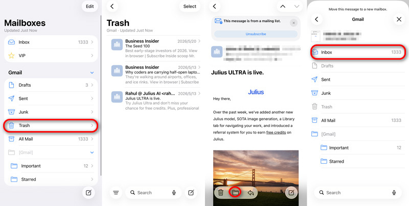 Recuperar e-mail apagado da lixeira no iPhone