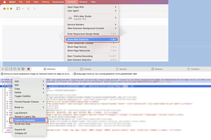 Captura de tela de página inteira no Mac Safari