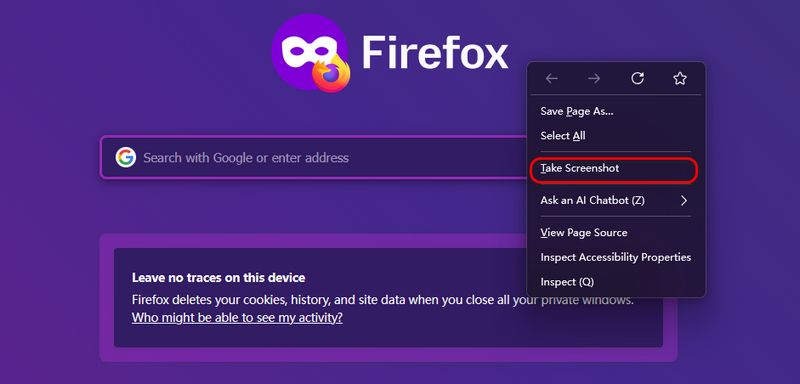 Firefox tira uma captura de tela
