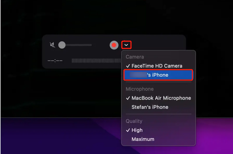 Compartilhamento de tela do iPhone para Mac usando o QuickTime