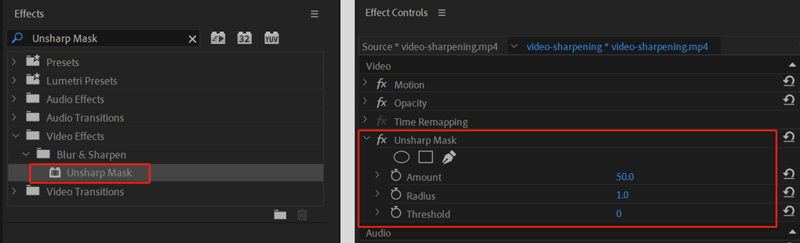 Como tornar o vídeo pixelado mais nítido no Premiere Pro: Máscara de nitidez
