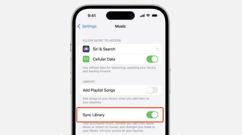 Ativar a biblioteca de sincronização de música no iPhone