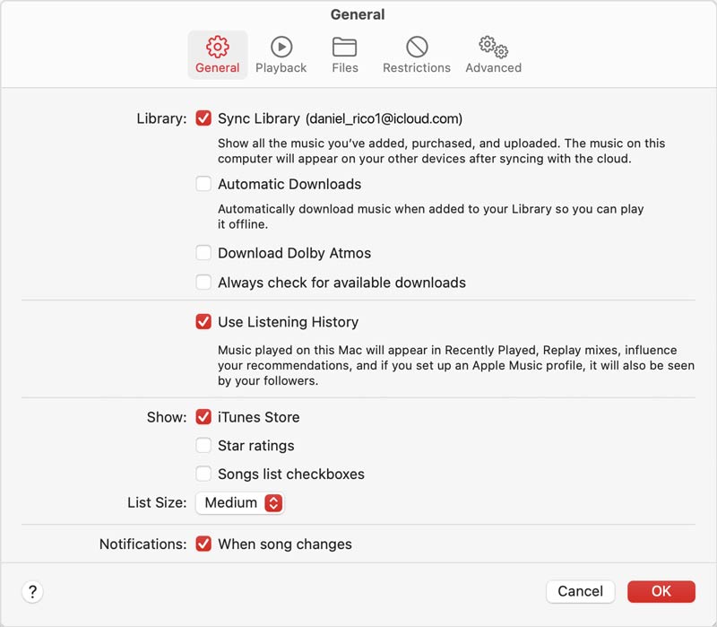 Configurações do Apple Music no Mac: Ativar sincronização da biblioteca