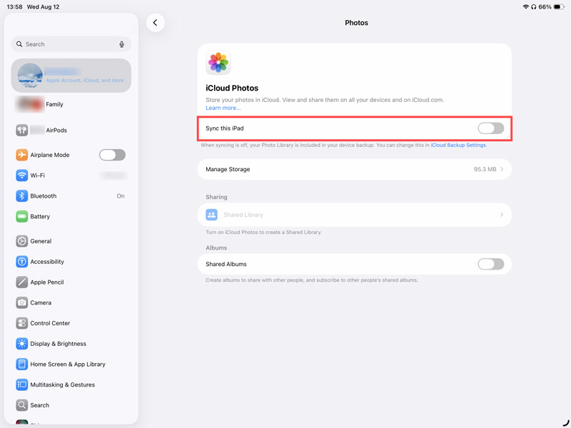 Sincronizar Fotos do iCloud com este iPad (Ativar)