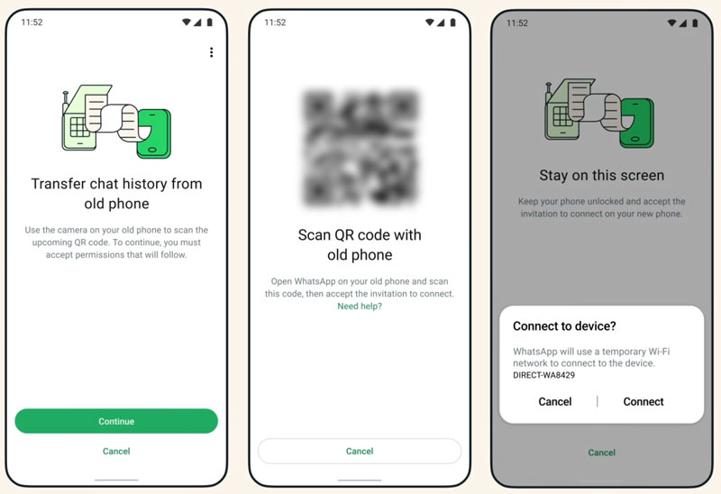 Escaneie o código QR para transferir conversas do WhatsApp.