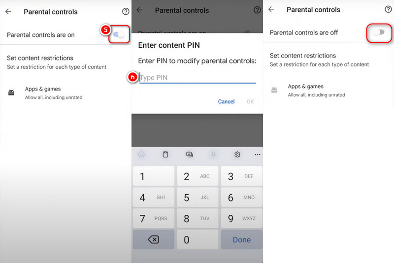 Toque em Controles parentais ativados e insira o PIN para fechar