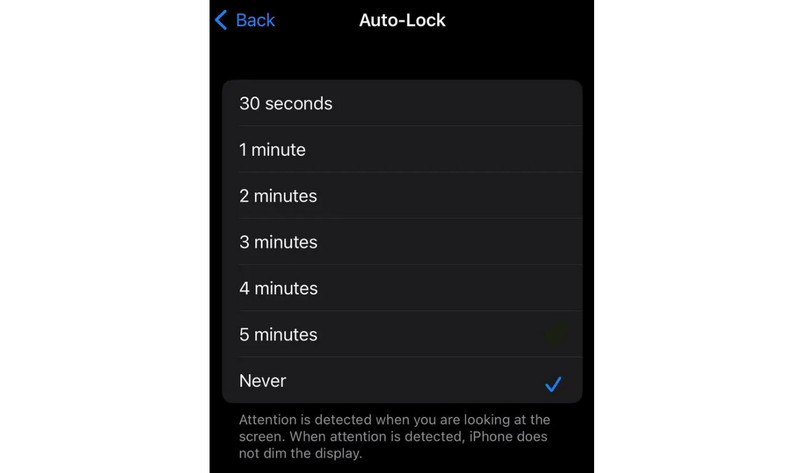 Desativar o tempo limite da tela do iPhone Escolha Nunca