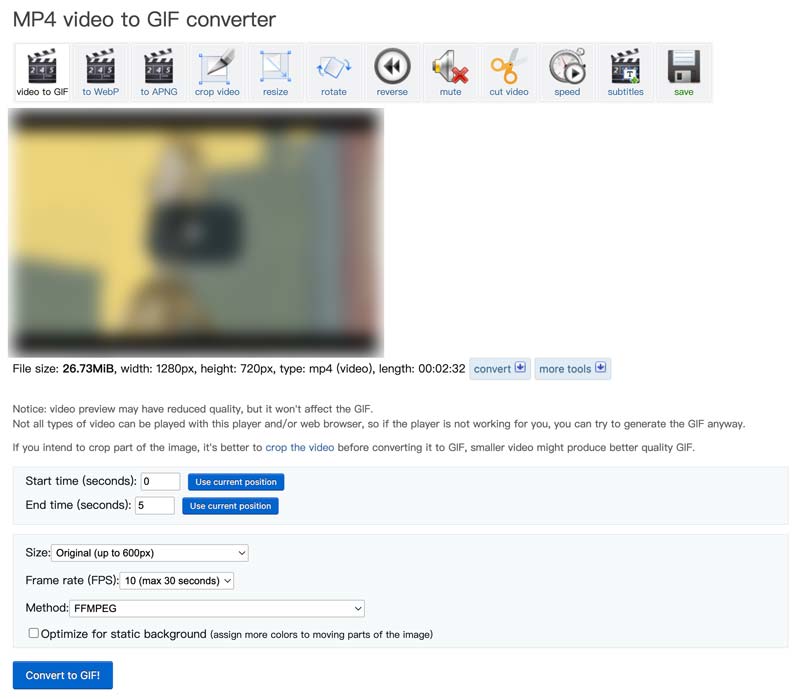 Vídeo para GIF online Ezgif