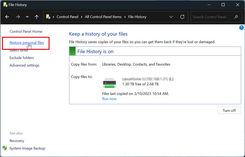 Restore Personal Files with File History Windows 10 11