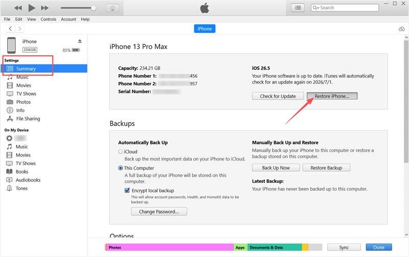 Restaurar iPhone 13 Pro Max iOS 26 iTunes