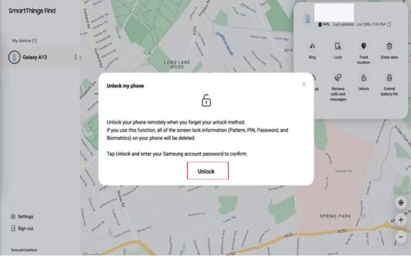 Desbloquear em Find My Mobile