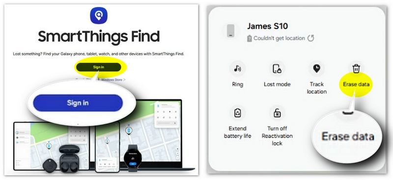 Clique em Apagar dados no SmartThings Find.