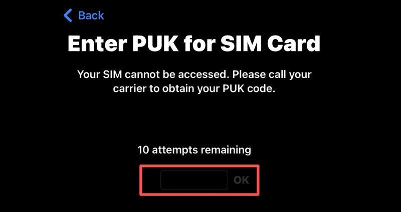 Desbloqueie o cartão SIM com um código PUK.
