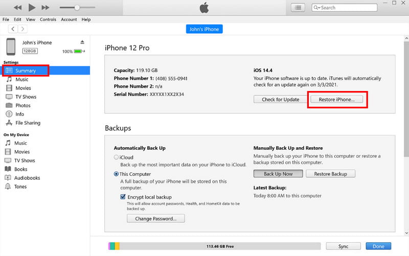 iPhone de restauração de resumo do iTunes