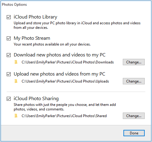 Biblioteca de opções de fotos do iCloud do Win10 em