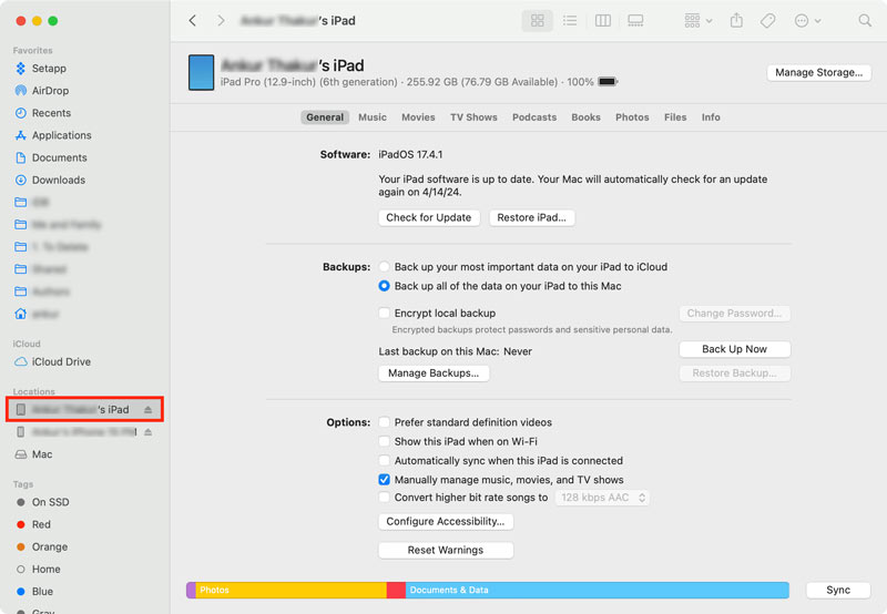 Transfira arquivos do iPad usando a Sincronização do Finder no Mac.