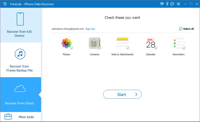 Selecione o tipo de dados do iCloud para digitalização