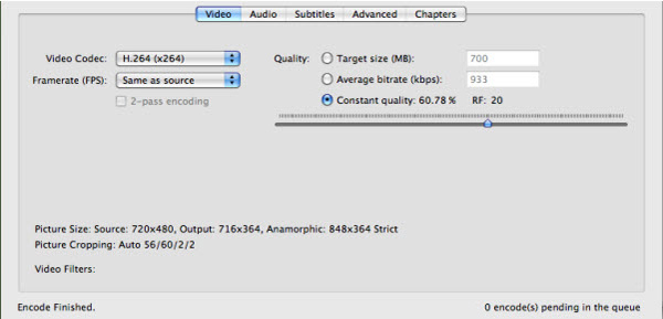 Configurações de vídeo do HandBrake para Mac