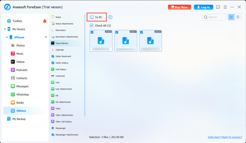 Transfira gravações de voz do iPhone com o Foneease.