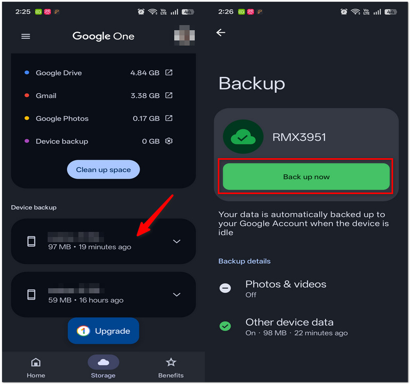 Selecione o dispositivo de backup do telefone
