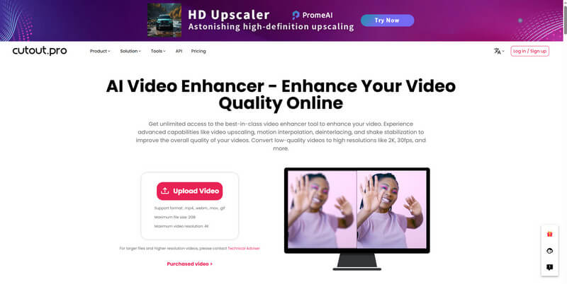 Interface de aprimoramento de vídeo Cutout Pro AI