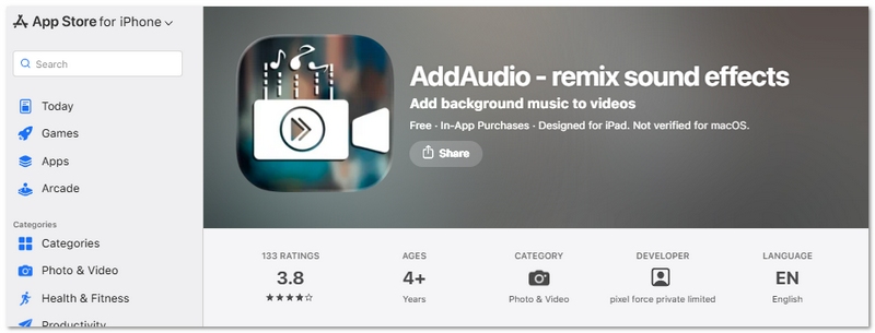 Aplicativo de edição de vídeo Addaudio