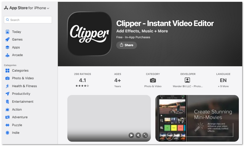 Aplicativo de edição de vídeo Clipper