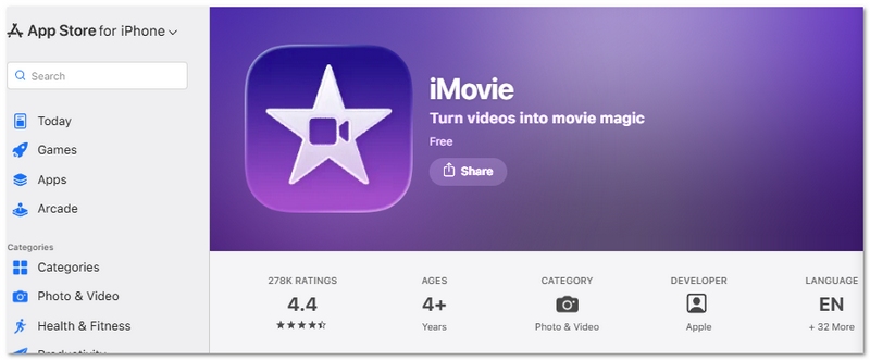 Aplicativo de edição de vídeo iMovie