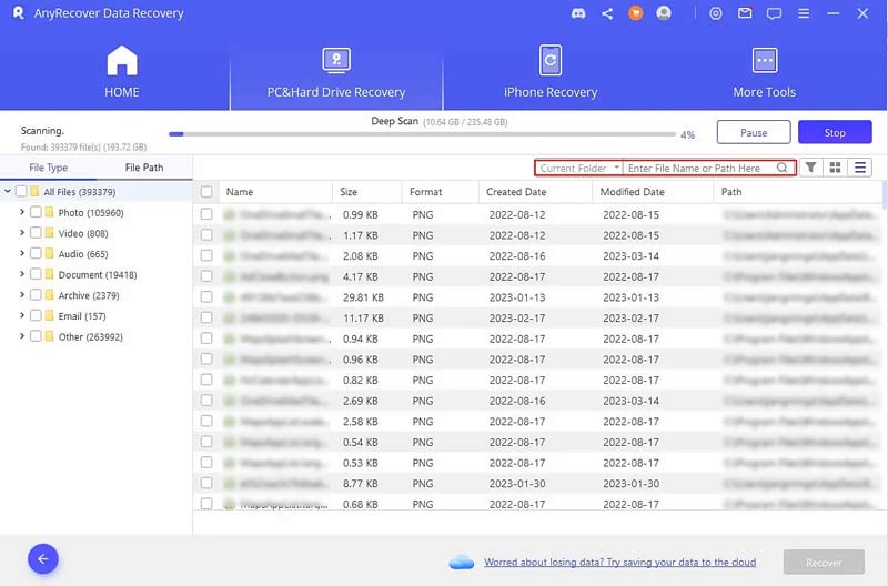 Resultados da verificação de recuperação de dados Anyrecover