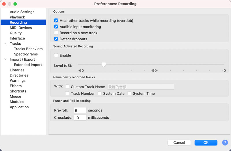 Preferências do Audacity > Configurações de gravação de áudio