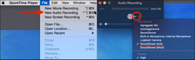 Novo registro de áudio Quicktime