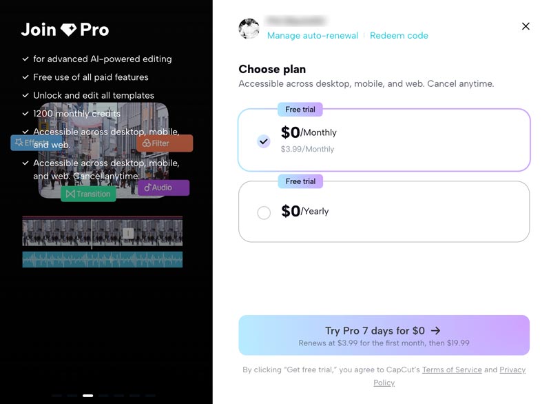 Teste gratuito do CapCut Pro