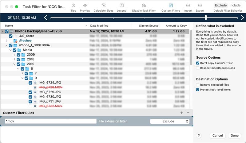 Filtro de tarefa de backup do Carbon Copy Cloner