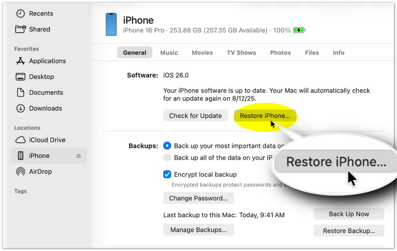 Clique em Restaurar Iphone