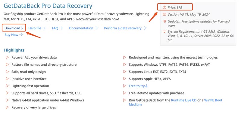 Preço de download do Getdataback Pro Data Recovery