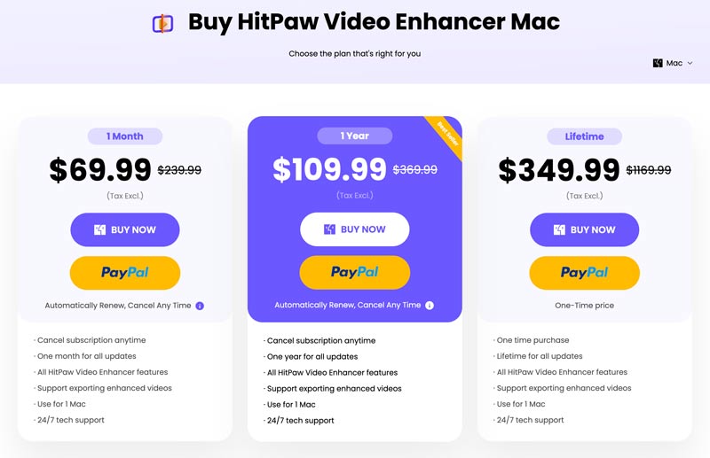Preço do Hitpaw AI Video Enhancer para Mac