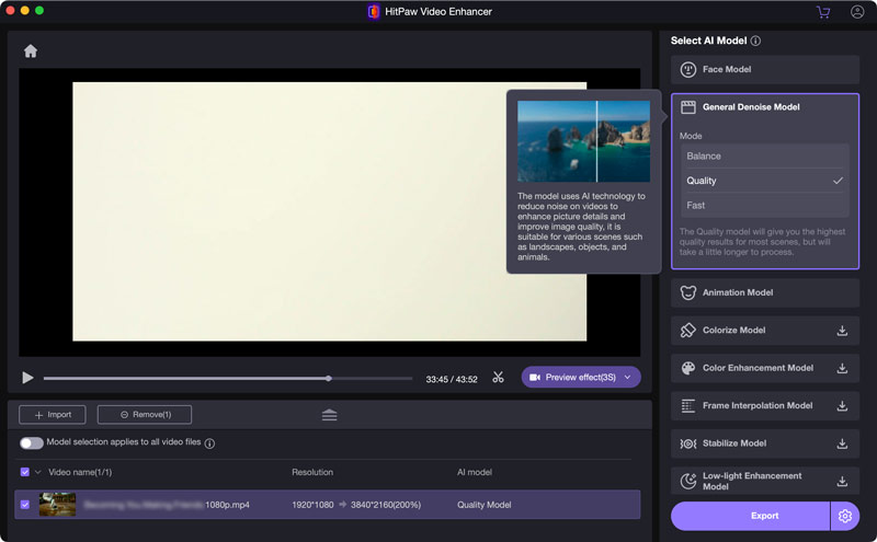 Modelo de Denoise Geral Hitpaw Video Enhancer
