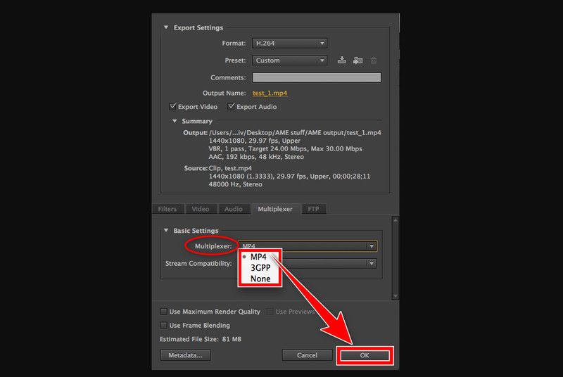 Selecione Multiplexador para MP4