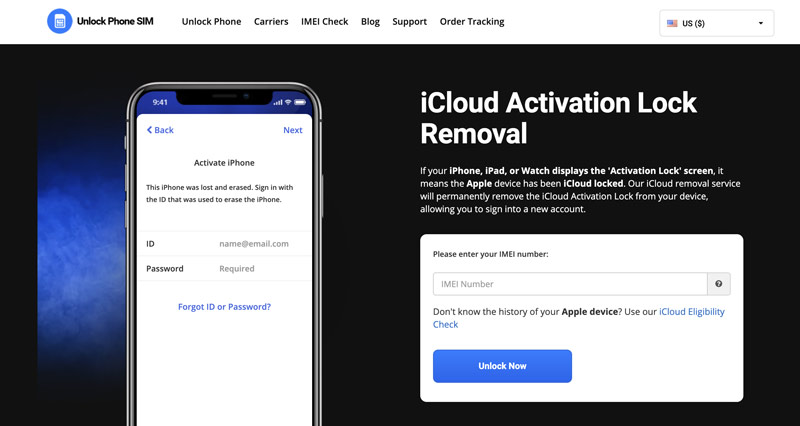 Serviço de desbloqueio online Unlockphonesim icloud