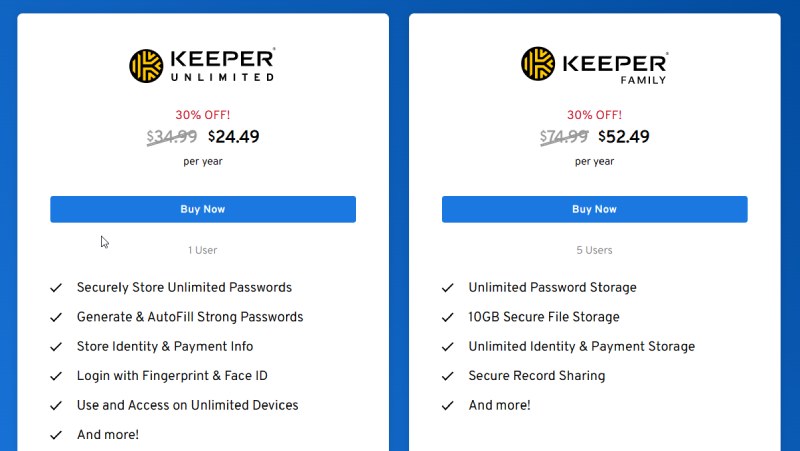 Parte dos planos de preços do Keeper Password Manager