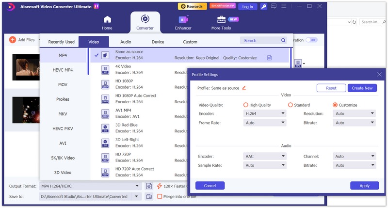 Selecione o formato de saída e ajuste as configurações do perfil.