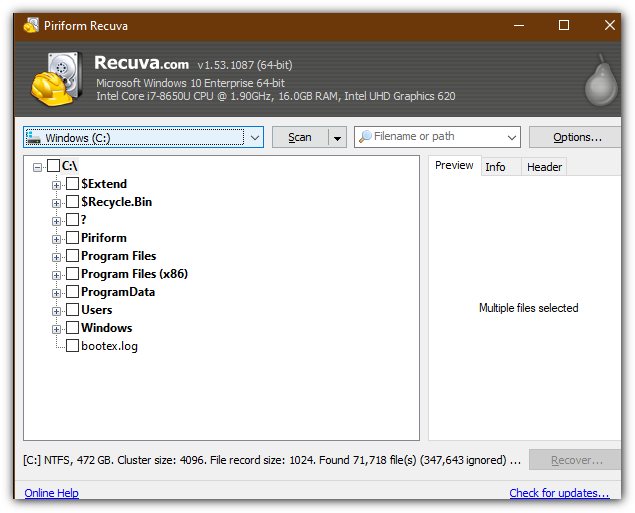 Interface do Recuva