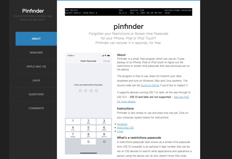 O que é a ferramenta de recuperação de senha do Pinfinder Screen Time?