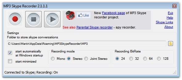 Interface de gravação de MP3 para Skype