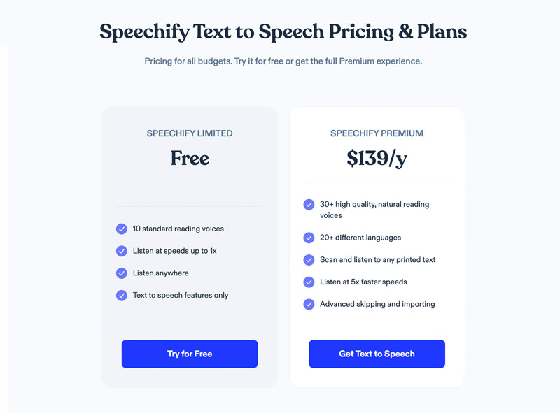 Preços e planos de conversão de texto em fala do Speechify