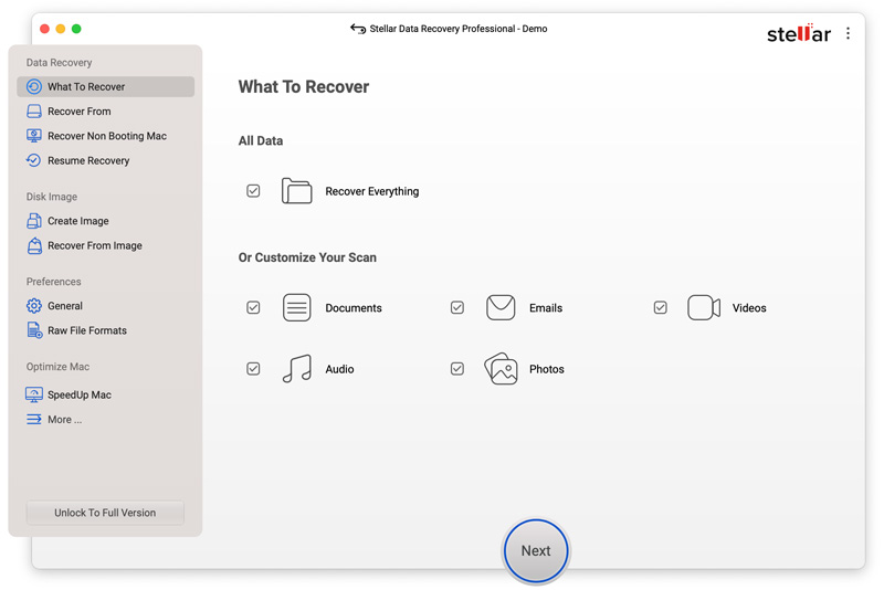 Recuperação de dados Stellar para Mac Selecione os tipos de dados