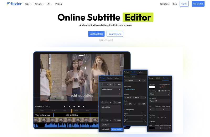 Ferramenta de edição de legendas online Flixier