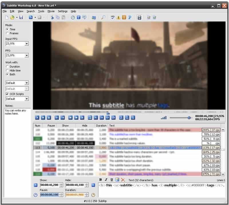 Editor de legendas do Subtitle Workshop