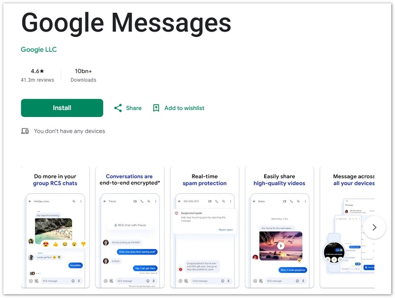 Aplicativo de mensagens de texto Google Messages